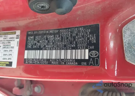 2009 Toyota Matrix S z USA, uszkodzony, nr VIN 2T1KE40EX9C030154